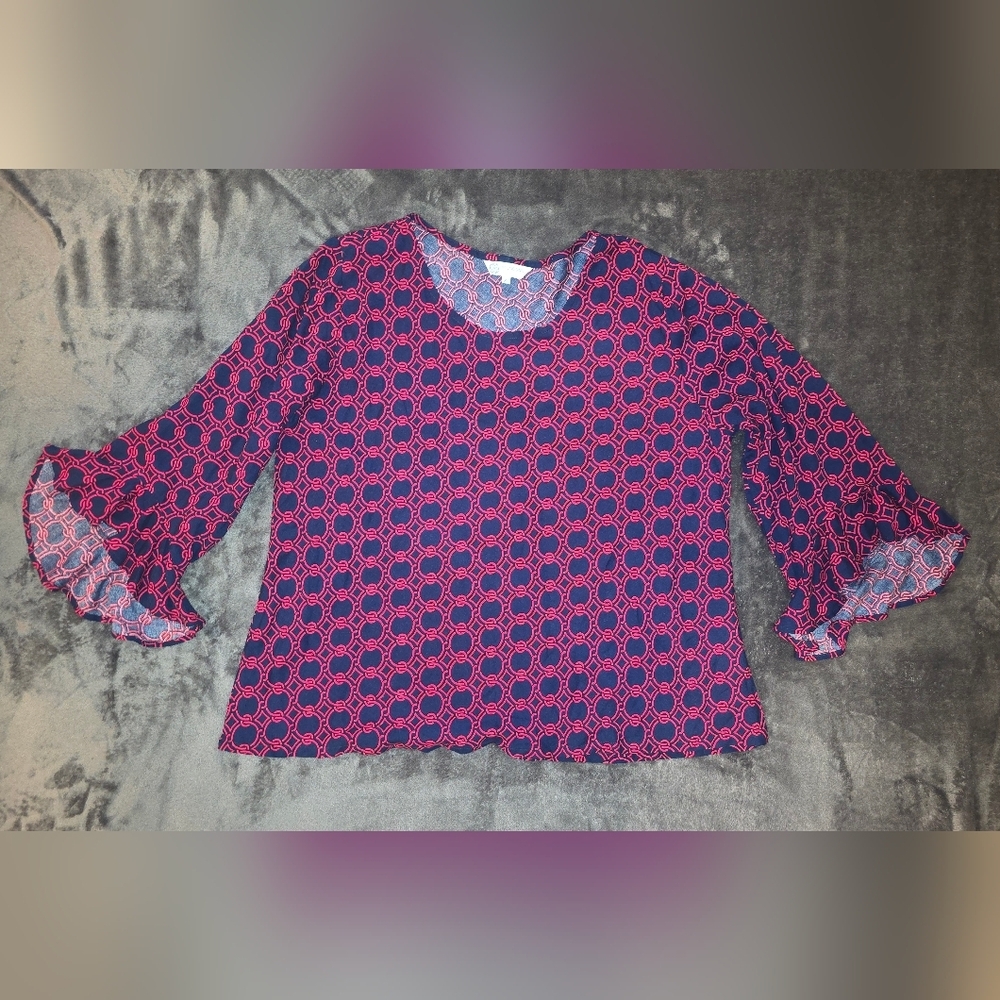 Escapada Geometric Ruffle 3/4 Sleeve Fuscia and Navy Blouse